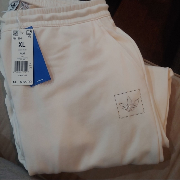 NWT 《 Adidas 》chalk white bling sweatpants y2k flare rhinestone slit hem XL - Picture 12 of 13